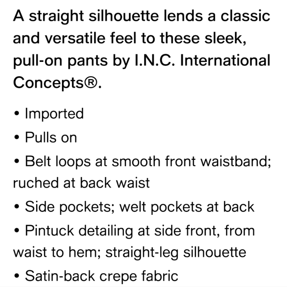 NEW! never Worn. INC Straight Leg Pull On Pant - Picture 5 of 5